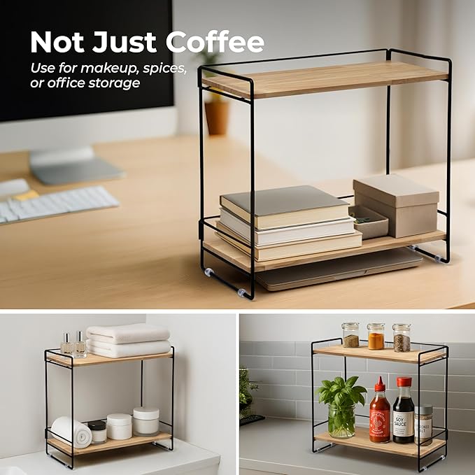 Wooden Coffee Bar Rack – 2-Tier Countertop Organizer with Detachable Back Rails – Minimal Scandinavian Design Storage Shelf for Kitchen, Office, Coffee Station, Bar & Bathroom