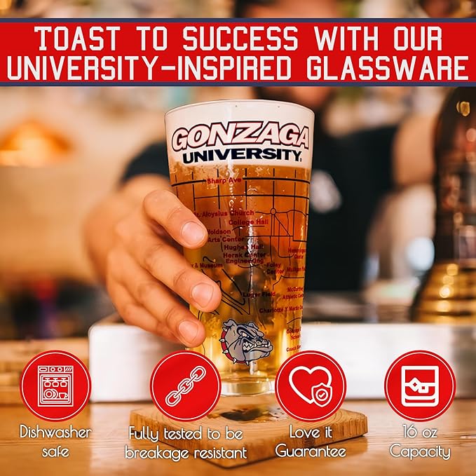 Greenline Goods – University of Gonzaga Bulldogs College Pint Beer Glasses (Set of 2), 16 oz – Full-Color Logo + Campus Map