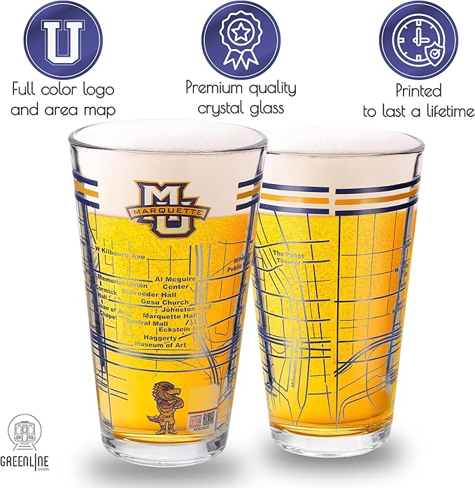 Greenline Goods – University of Marquette Golden Eagles College Pint Beer Glasses (Set of 2), 16 oz – Full-Color Logo + Campus Map