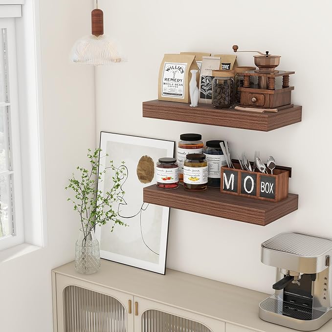 Deep Floating Shelves | 24 Inch Walnut Floating Shelves Set of 2 | 12 Inch Deep Rustic Wood Shelves for Wall | 24" W x 12" D Walnut Shelves for Living Room Bathroom Laundry Room Kitchen