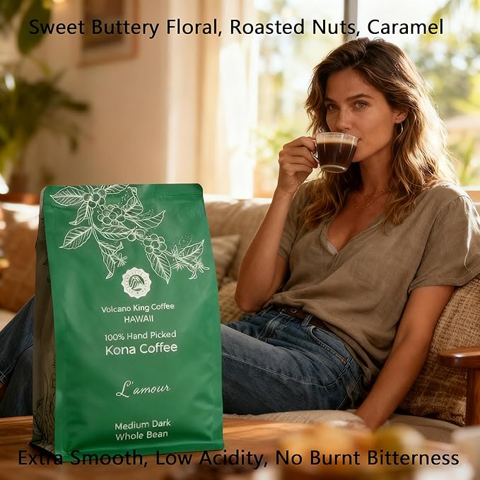 Hawaiian Kona Coffee Beans, 100% Kona No Blend, No. 1 Grade, Medium Dark Roast, from Our Coffee Estate in Hawaii, Smooth and Low Acidity(L'amour, 7 oz)