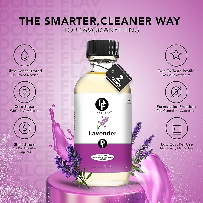 Dolce Flav Natural Lavender Extract – 8 Ounce Oil-Soluble Kosher, Sugar-Free, Concentrated Floral Lavender Flavoring for Baking, Chocolates & Desserts