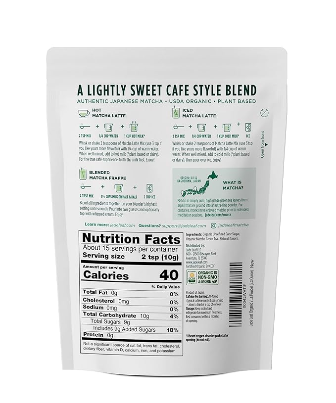 Organic Cafe Style Sweetened Matcha Latte Mix - Vanilla