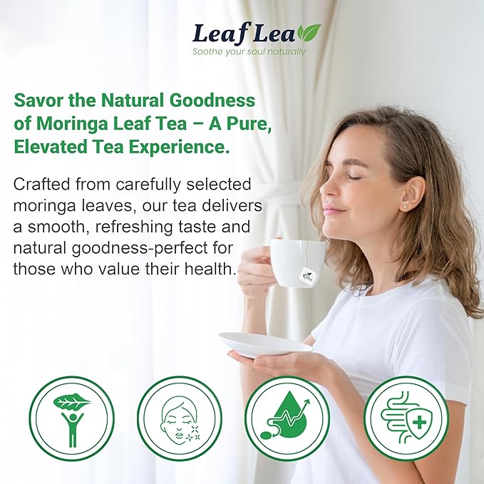 LeafLea 80 Moringa Tea Bags, Made from Natural Moringa Leaves, Caffeine-Free Herbal Tea, Sugar-Free, Individually Wrapped for Fresh Flavor (Pack of 2)