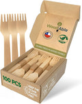 Disposable Wooden Cutlery Set - 100% Home Compostable - 100 Forks 6.5", Bamboo Utensils Alternative, Eco-Friendly, Organic, Sustainable and Carbon Neutral Certified