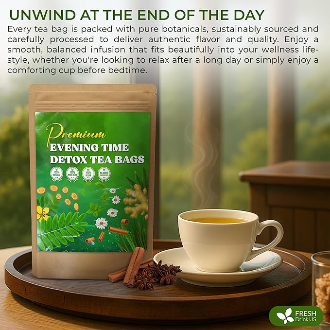 FreshDrinkUS, Evening Time Herbal Tea – 30 Tea Bags – Caffeine-Free Blend with Senna, Peppermint, Chamomile, Licorice, Ginger, Reishi Mushroom – Relaxing Herbal Infusion – Non-GMO & Natural