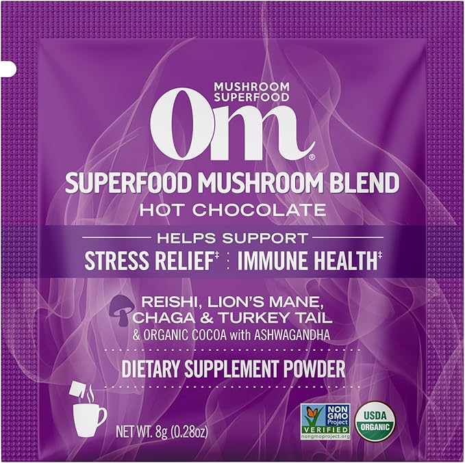 OM MUSHROOM SUPERFOOD Hot Chocolate Blend – Dutch Cocoa Mushroom Powder with Lion’s Mane, Reishi, Chaga & Turkey Tail – Focus, Calm & Stress Support – 2g Sugar, 25 Calories – Single Serve (10 Count)