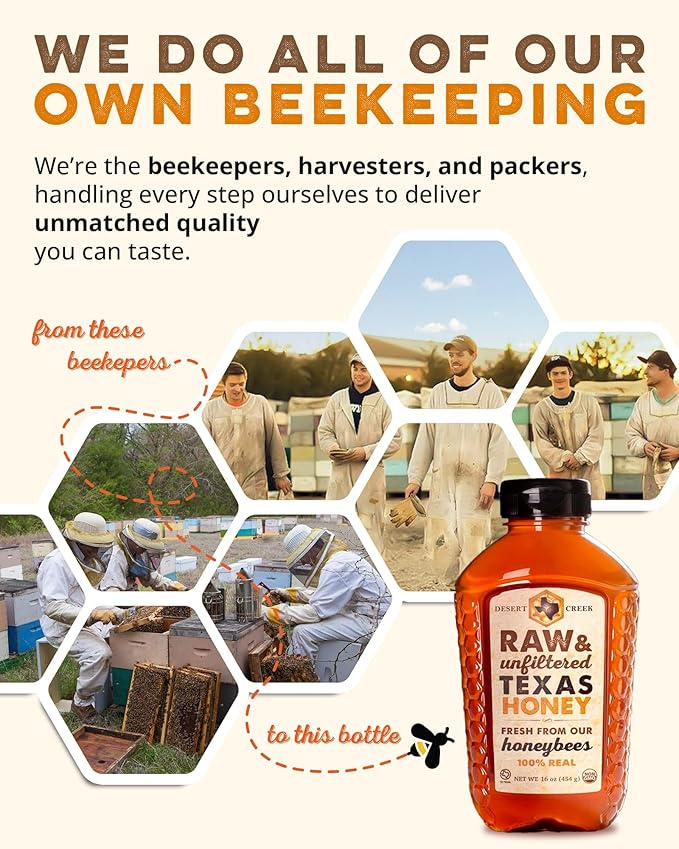 Desert Creek Honey - 100% Unfiltered, Pure, Raw Honey from Texas - Natural Sugar Substitute - One Pound of Unprocessed, Unpasteurized American Honey - Harvested by Our Own Beekeepers