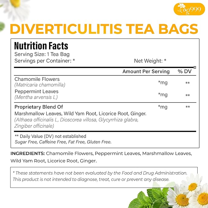 TOG999, Diverticulitis Tea Bags | 80 Count | 100% Natural Chamomile, Peppermint, Marshmallow Leaf, Wild Yam Root, Licorice & Ginger Herbal Blend – Caffeine-Free Comfort Tea, Vegan.