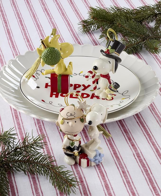 Lenox Ornaments, Snoopy & Woodstock with Candy Cane Ornament, Porcelain Material, Gold Cord for Tree Decoration, Christmas Decorations, Christmas Ornaments, Snoopy Design, Winter Decor (1 Piece)