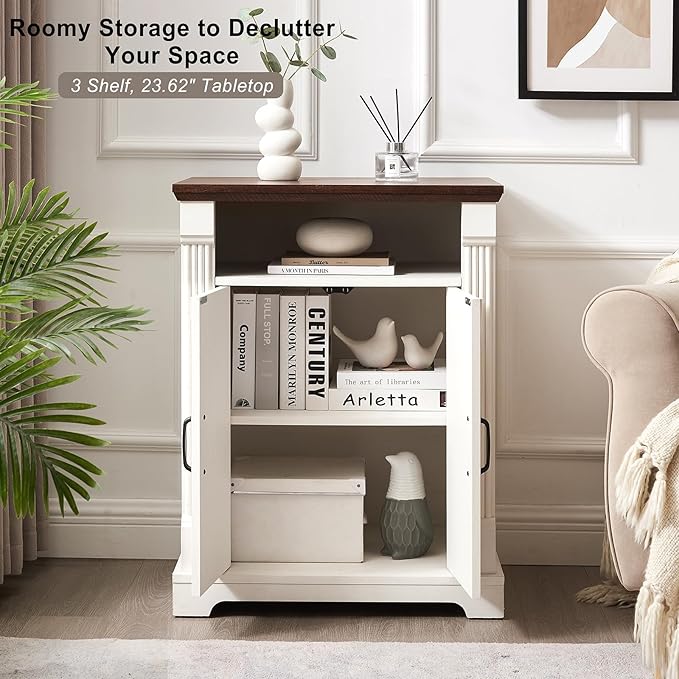 24" Farmhouse Storage Cabinet – Antique White Freestanding Buffet Sideboard with Barn Doors, Adjustable Shelf, Small Coffee Bar for Kitchen, Bathroom & Living Room