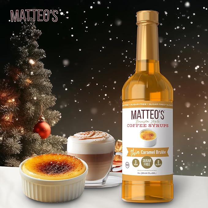 Matteo's Caramel Brulee for Coffee, Lattes, Cappuccinos & Desserts – Sugar-Free Sweetener for Beverages, Keto Friendly, Zero Calories, Indulgent Flavor, Non-Alcoholic,Ideal for Hot Drinks 33.8oz (1pk)