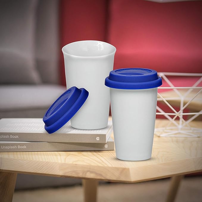 DISCOUNT PROMOS 11 oz. Double Wall Ceramic Tumblers with Lid - 6 Pack - Blue