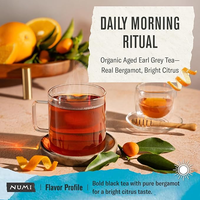 Numi Organic Aged Earl Grey Tea, 54 Black Tea Bags, Flavorful Assam Aged Tea with Real Bergamot
