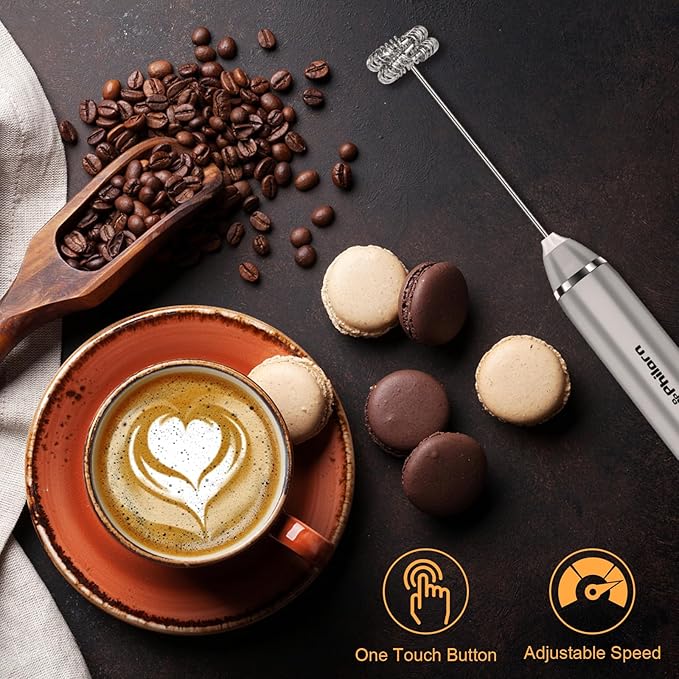 Philorn Milk Frother Wand Handheld Rechargeable Electric Whisk Coffee Drink Mixer, Mini Foamer for Lattes, Cappuccino, Frappe, Matcha, Hot Chocolate, Protein Powder, Keto Diet (Silver 2 Heads)