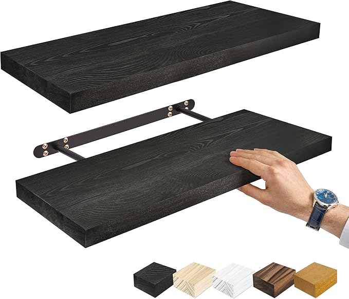 Sorbus Wood Floating Shelves for Wall - 24” Solid Wood Wall Shelves for Bathroom Decor, Books, Bedroom & Living Room - Set of 2 Black Wall Mounted Kitchen Shelves - Durable Solid Pine