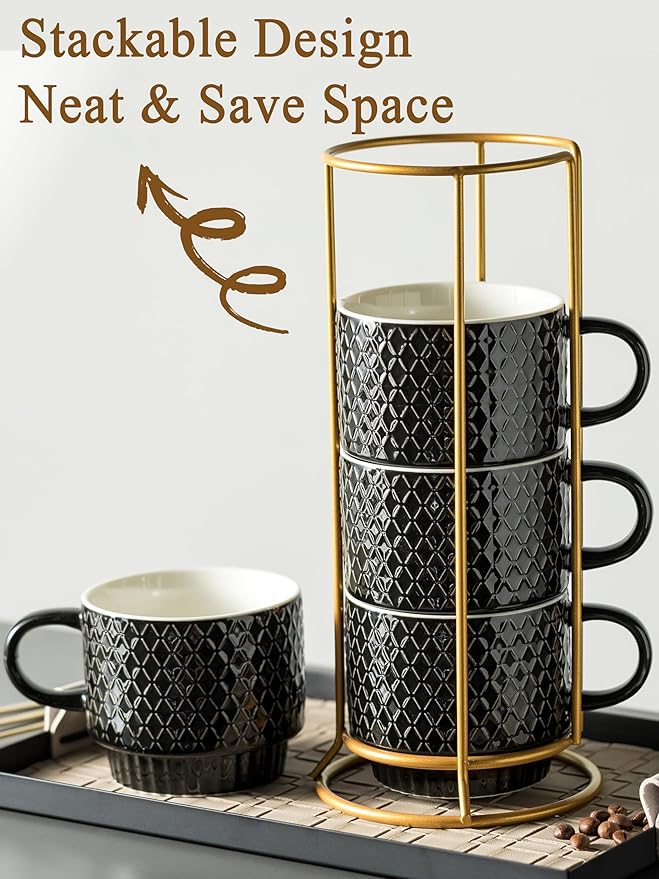 Gomakren Coffee Mugs Set of 4, 13 Ounce Stackable Coffee Mug Set with Stand, Christmas Stoneware Coffee Cup with Spoon for Coffee, Milk, Tea, Cocoa, Black