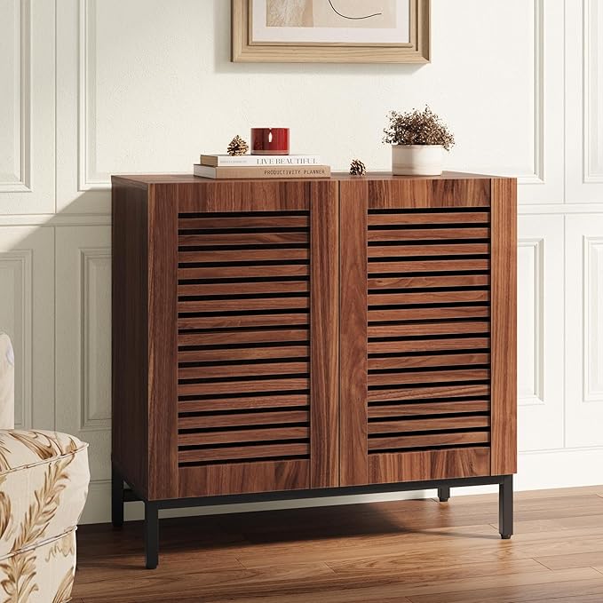 JOMEED Buffet Sideboard Cabinet with Grille-Striped Doors & Adjustable Shelf, Wood Storage Cabinet for Kitchen, Dining Room, Living Room, Entryway Walnut