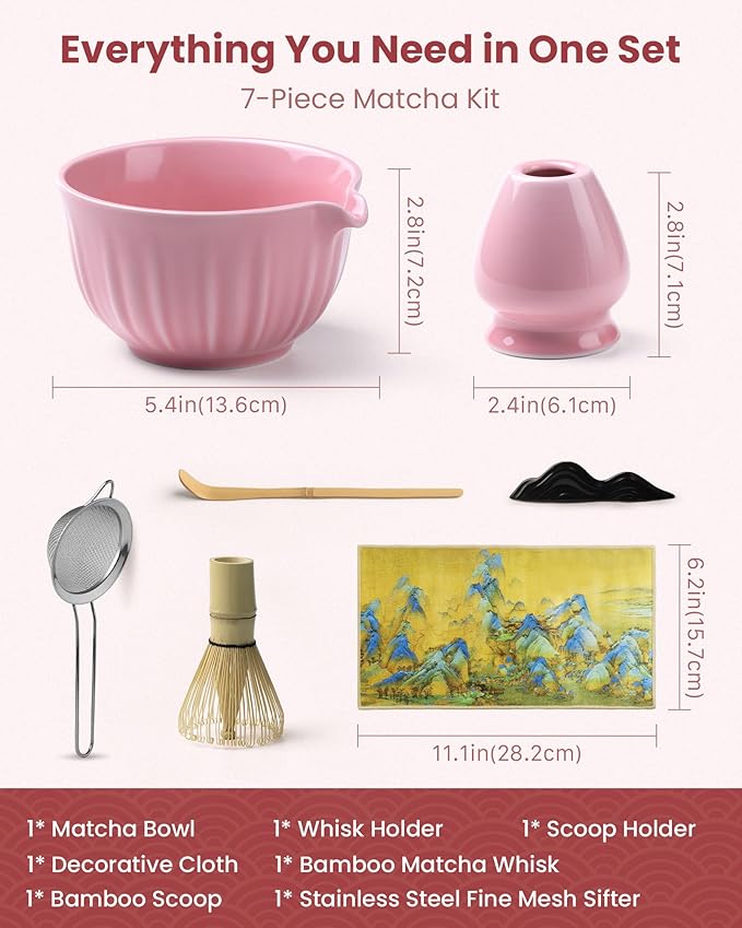 Handcrafted Matcha Kit, 7-Piece Green Tea Set, Includes Ceramic Bowl, Bamboo Whisk, Stainless Steel Sifter, Bamboo Scoop, Whisk Holder & Cotton Towel, Perfect for Tea Ceremony, Pink Small Flower