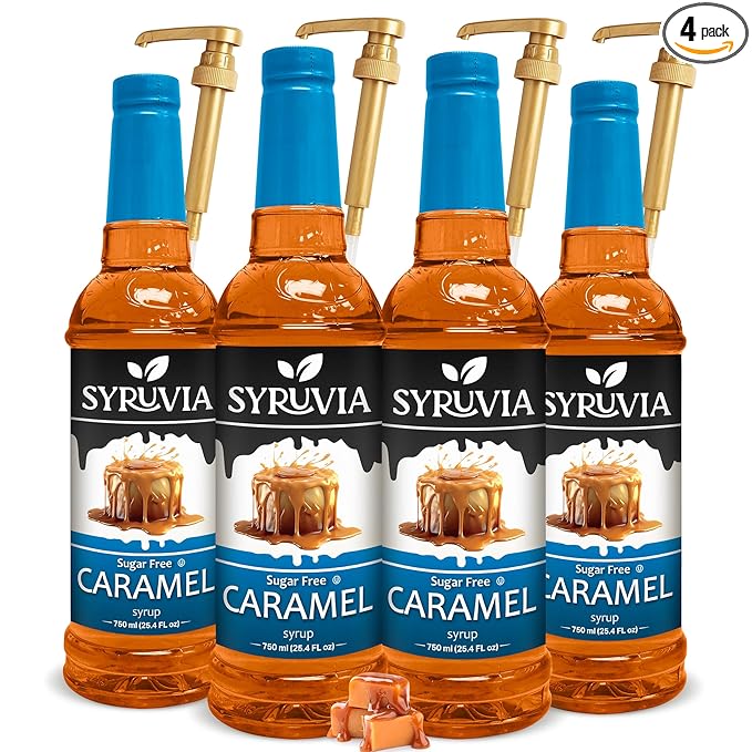 Syruvia Sugar-Free Caramel - 25.4 fl oz. Premium Coffee Flavoring Syrup. 0 Calories, Kosher, and Gluten-Free. Perfect for Drinks, Sodas, Shakes, Desserts, and More With Pump (Pack of 4)