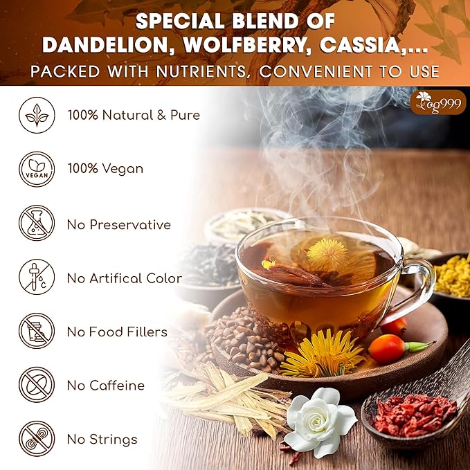 TOG999, Organic Dandelion Wolfberry Tea, 9 Herbal Ingredients, Traditional Recipe Tea for Kidney & Liver, Natural Dandelion, Wolfberry, Gardenia, Cassia Seed, Chrysanthemum, Licorice, Orange Peel