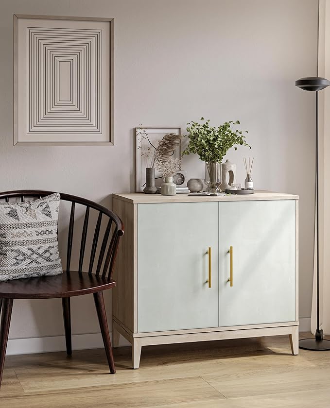 SANGO Shagreen 2-Door Cabinet, Natural Finish Storage Cabinet with Faux Shagreen Texture, Brass Handle, Adjustable Shelf, Timeless Luxury Design, Versatile Furniture for Living Room or Dining Room