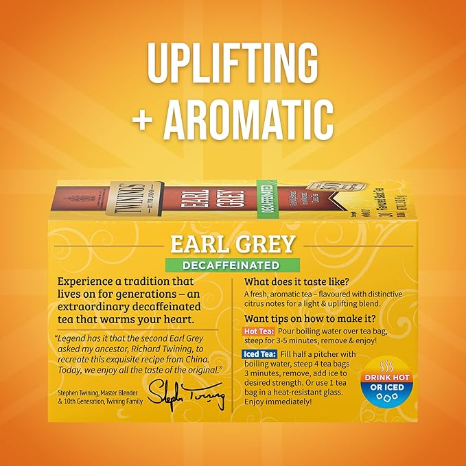 Twinings Decaffeinated Earl Grey Black Tea Individually Wrapped Bags, 20 Count (Pack of 1), Flavoured with Citrus and Bergamot, Enjoy Hot or Iced, 20 Teabags