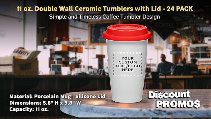 Personalized 11 oz. Double Wall Ceramic Tumblers with Lid - 24 Pack - Custom Text, Logo - Red