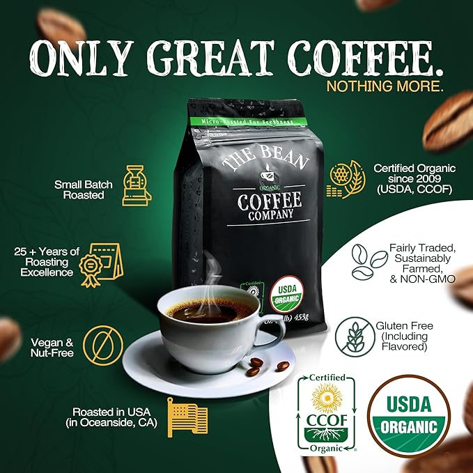 The Bean Organic Coffee Company Chocolate Macadamia Nut, Medium Roast, Ground Coffee, 16-Ounce Bags (Pack of 2), Café molido tostado orgánico