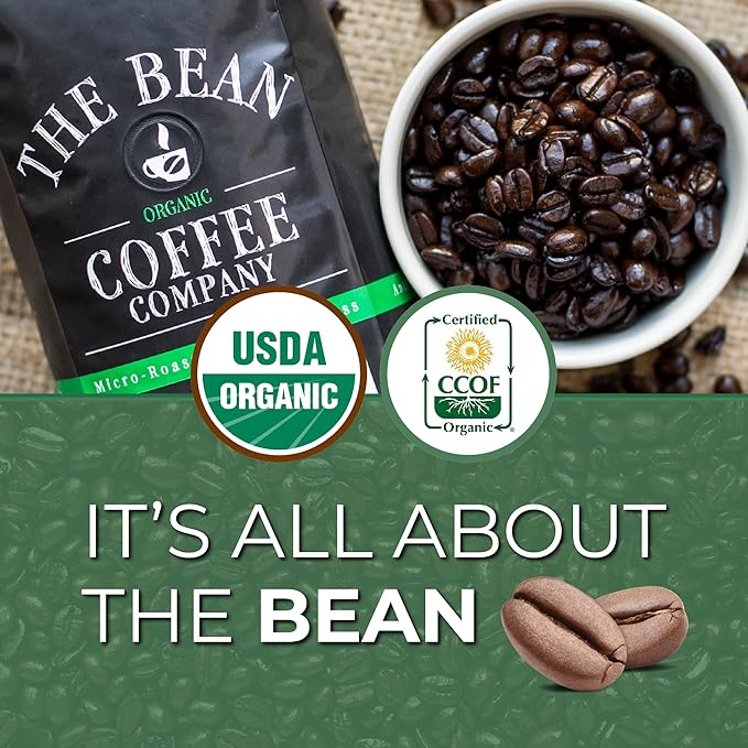 The Bean Organic Coffee Company Water Processed DECAF IL Chicco (Traditional Italian Roast), Dark Roast, Ground Coffee, 16-Ounce Bag, Café Molido Tostado Orgánico descafeinado