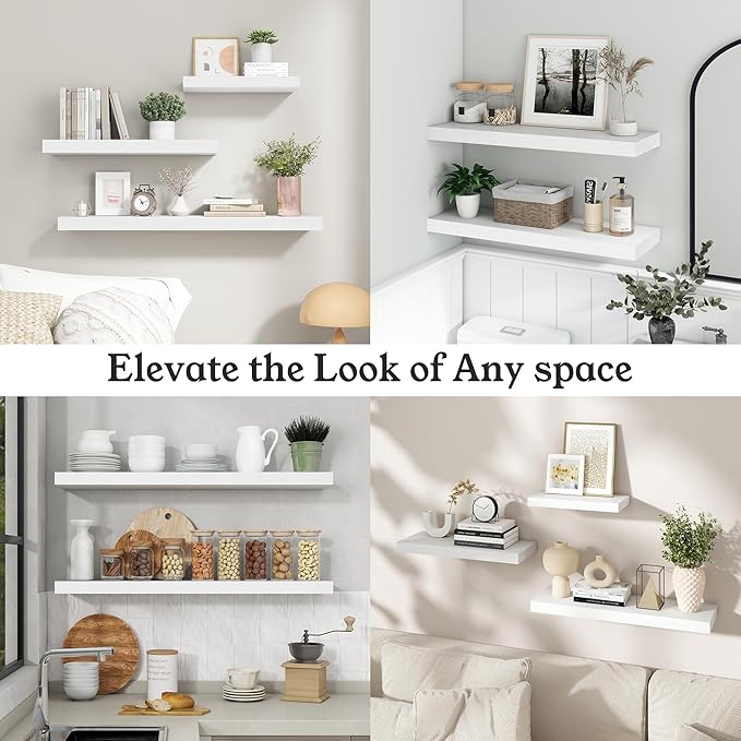 Floating Shelves for Wall, 9.3" Deep Wall Mounted Wood Shelves for Bathroom, Bedroom, Living Room, Kitchen, Hanging Shelf for Books/Storage/Room Decor (White, 24")