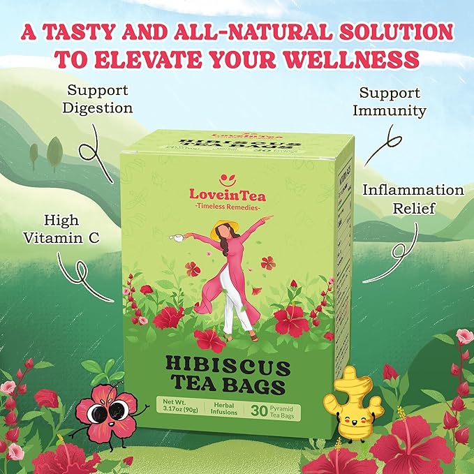 LoveinTea Hibiscus Herbal Tea Bags, 100% Natural Vietnamese Hibiscus Blend, Caffeine-Free, Plant-Based Pyramid Bags, 30 Count