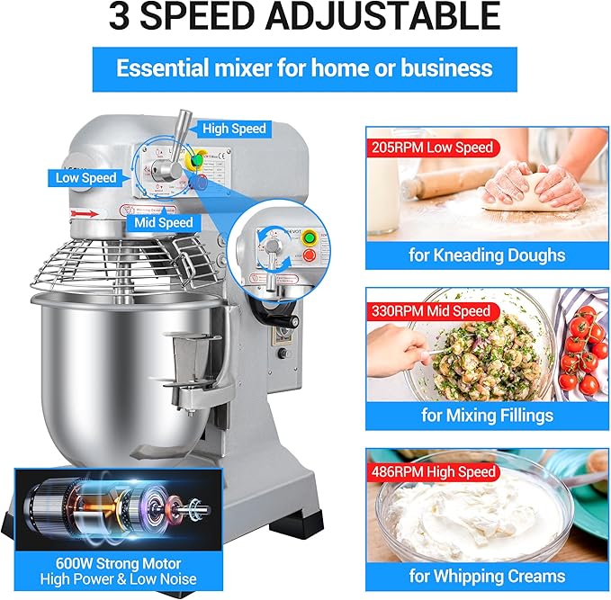 15Qt 600W Commercial Food Mixer, Commercial mixer 3 Speed Adjustable, Heavy Duty Stand Mixer with Stainless Steel Bowl for Bakery Pizzeria.