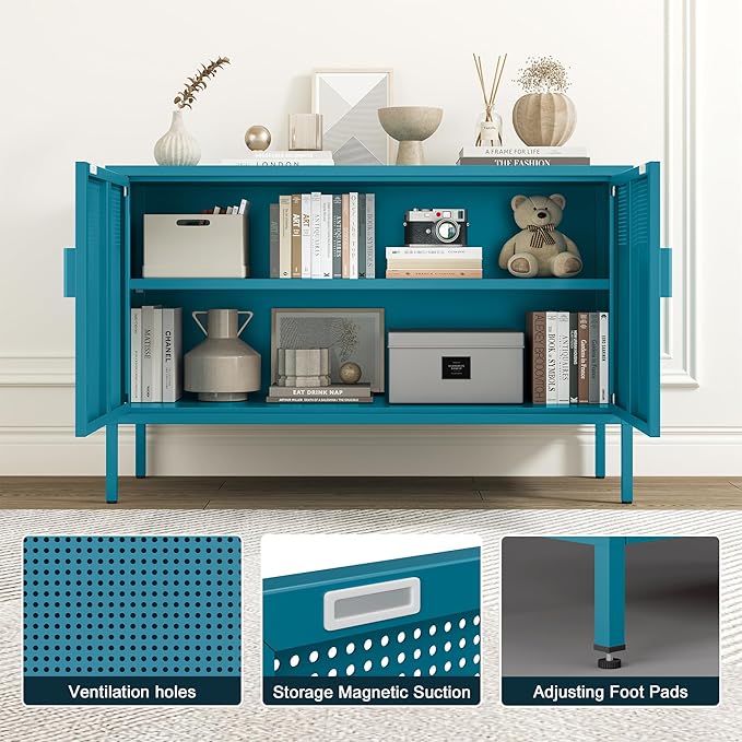 Metal Storage Cabinet with Doors,Blue Accent Cabinet,Metal Locker Storage Cabinets,2 Door TV Media Stand with Removable Shelves for,Home,Office,Entryway,Living Room