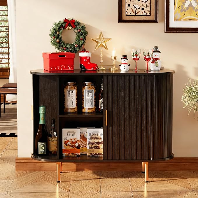DHH Sideboard Buffet Cabinet with Storage,Mid Century Modern Fluted Accent Coffee Bar Console Table,Tambour Sliding Doors& Adjustable Shelf for Kitchen, Living Room, Entryway (Black, 40 Inch)
