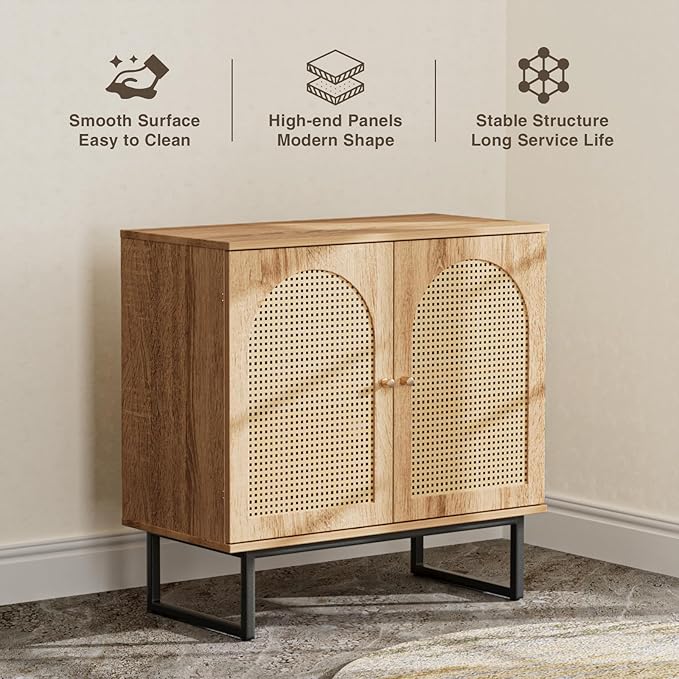 Storage Cabinet with 2 Arched Rattan Doors, Natural Style Rattan Sideboard Buffet Cabinet with Storage, Boho Entryway Table for Living/Dining Room, Kitchen, Hallway
