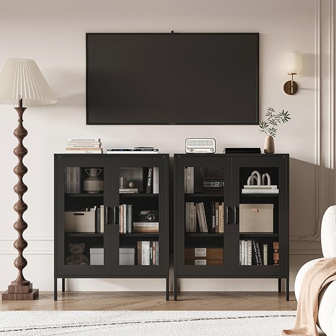 Black Metal Storage Cabinet,Metal Locker Storage Cabinet with 2 Mesh Doors and Adjustable Shelves,Kitchen Pantry Cabinets for Home,Sideboard,Living Room,Office(40" H)
