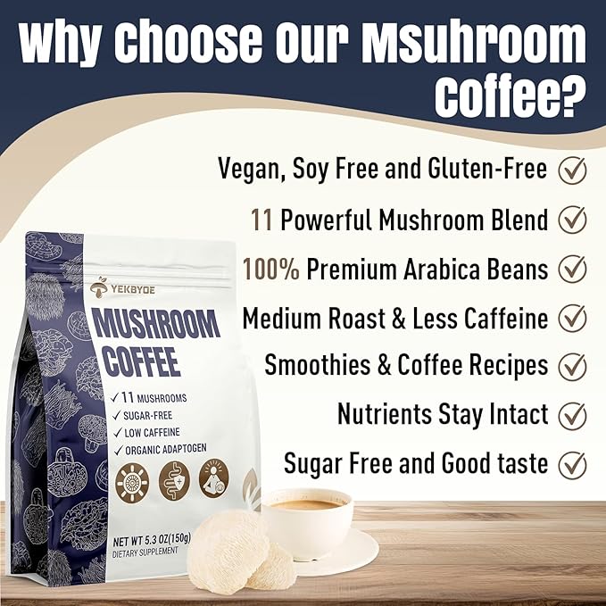 Mushroom Coffee, 11 Superfood Mushrooms includes Lion's Mane, Reishi, Chaga & Ashwagandha, Instant Mushroom Coffee Organic for Energy, Memory, Degestion & Detox, Low Caffeine & Sugar Free, 5.3oz