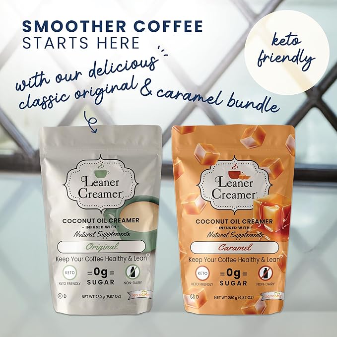 Leaner Creamer Coconut Oil Non-Dairy Creamer Bundle, Original & Caramel Flavors – Sugar-Free, Keto, Gluten-Free Powdered Coffee Creamer for Coffee, Smoothies & Shakes – 2-Pack (280g Each)