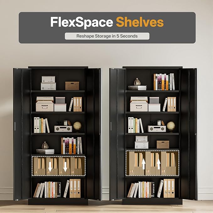 Metal Garage Storage Cabinets,71” Tall Metal File Cabinet with 5 Adjustable Shelves, Lockable Storage Cabinets for Office, Home, Garage, Warehouse 71" H x 32" W x 16" D (Black)
