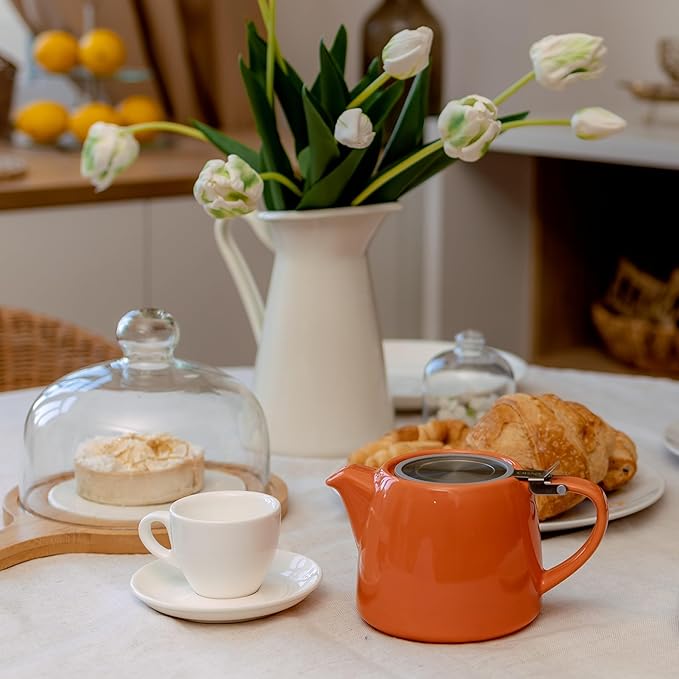 ORNA Ceramic Teapot with Tea Infuser – Small Tea Pot for Loose Leaf Tea – 550ml / 18.6 Oz Porcelain Non-Stove Teapot for 2 Cups with Tea Strainer (Orange)