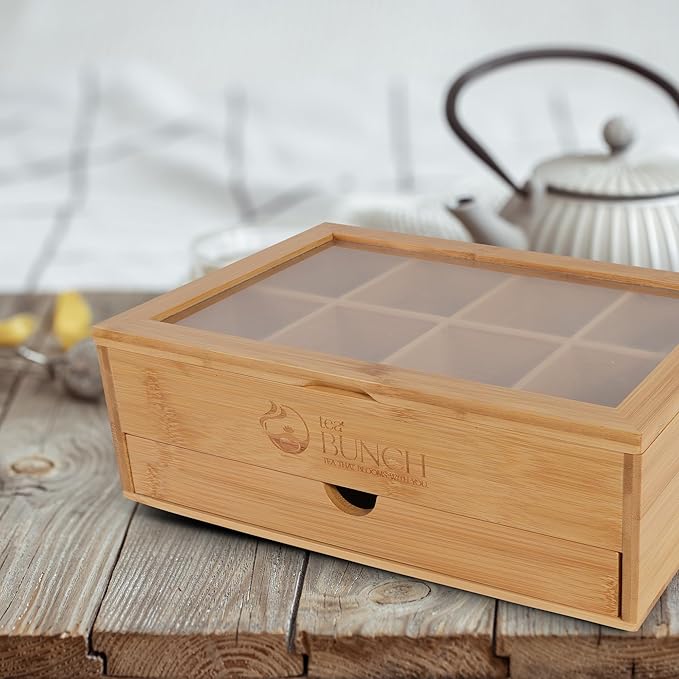 Bamboo Tea Bag Organizer – 8 Compartments, Drawer, Magnetic Lid, Premium Gift for Tea Lovers, Eco Kitchen Storage Box, Clear Window, Pantry Organizers And Storage (Organizer Only)