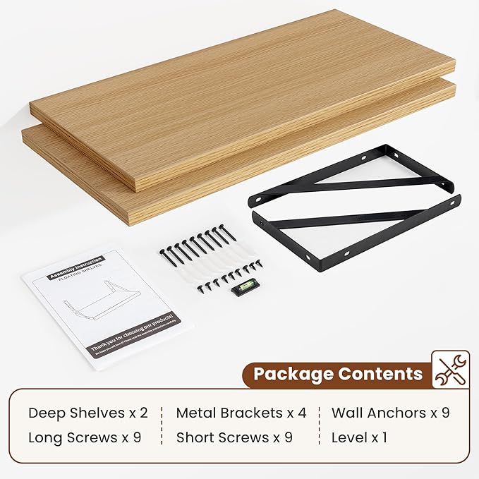 Deep Wall Shelves 30"W x 12"D Engineered Wood Floating Shelves for Wall, Sturdy Metal Bracket Bookshelves Home Decor Storage for Living Room Bedroom Bathroom Kitchen, Set of 2, Oak Finish