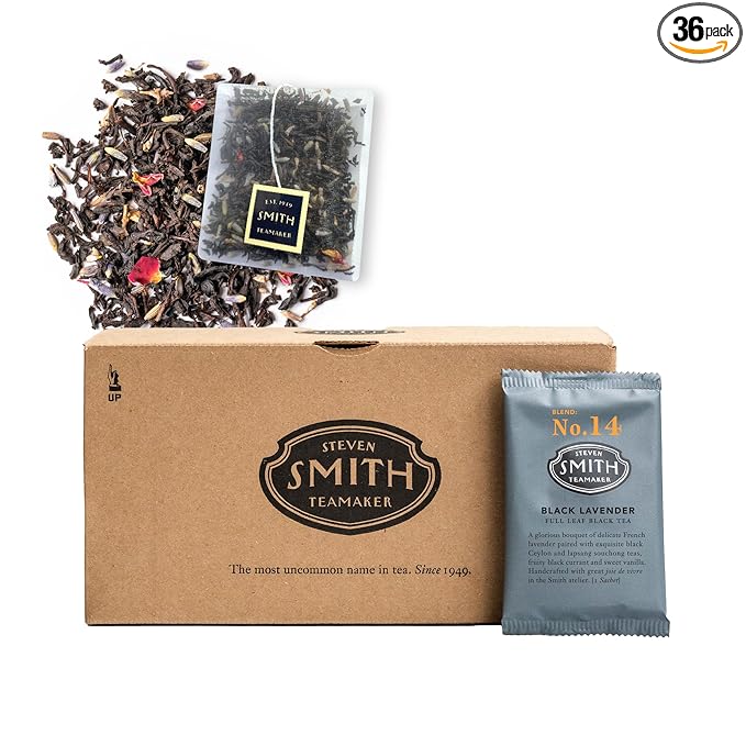 Steven Smith Teamaker Black Lavender No. 14, Lady Grey, Caffeinated, Sugar-Free, Sustainably Grown Full Leaf, Plant Based Black Tea Bags, 36 Sachets, 1.32oz each