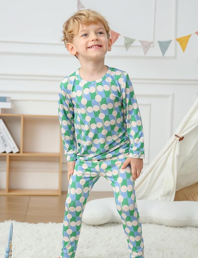 JunNeng Bamboo Viscose Pajamas for Toddler Boys, Baby Kids Diamond Pajamas Snug Fit Long Sleeve Sleeper