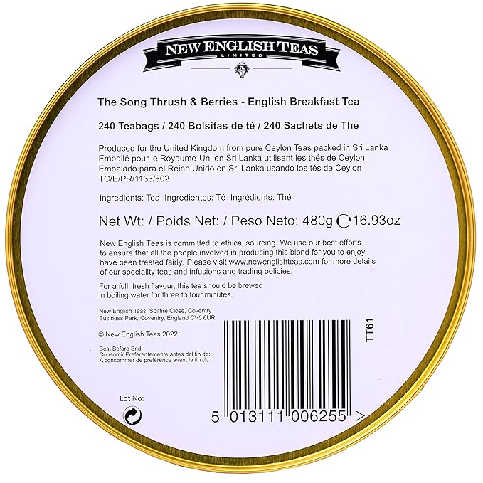 New English Teas Song Thrush & Berries Tea Caddy in Pink with 240 English Breakfast Teabags