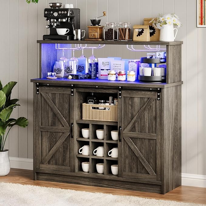 4ever2buy Farmhouse Coffee Bar with LED Lights, 47 inch Coffee Bar Cabinet with Storage, Wine Bar Cabinet with Glass & Wine Racks for Living, Dining Room, Grey