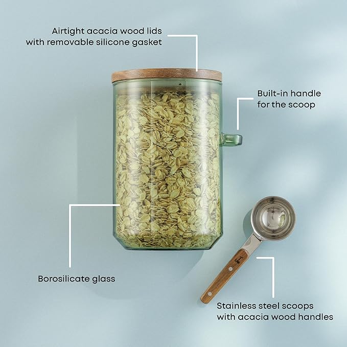 JoyJolt Holden 32oz Stackable Glass Storage Containers with Lids and Scoops, Airtight Food Canister Set of 3 w/Acacia Wood Lids, Round Stacking Pantry and Kitchen Containers w/Scoop | Sage Green