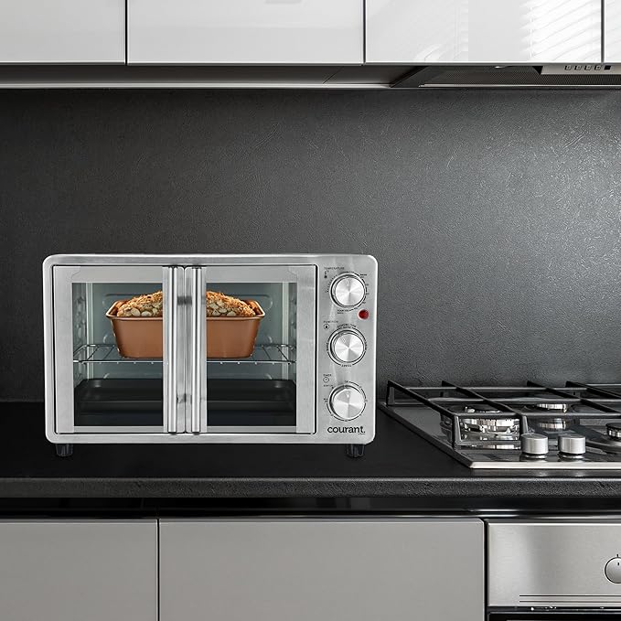 Courant French Door Convection Toaster Oven & Broiler, Bake Broil Toast Oven, Fits 9x13’’ Aluminum Baking Pan, 6-Slices, 10’’ Pizza, Convection Oven - Stainless Steel