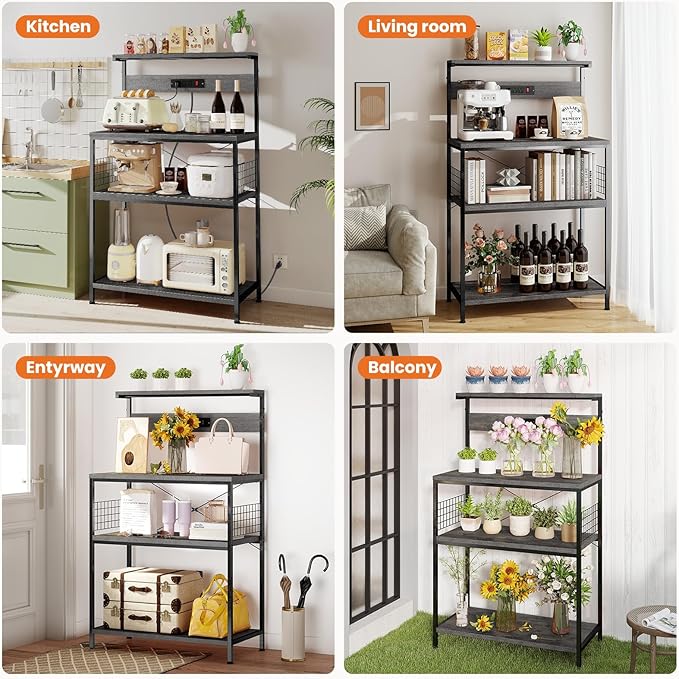 Sweetcrispy Kitchen Bakers Rack with Power Outlet, Coffee Bar Table 4 Tiers, Microwave Oven Stand Station, Adjustable Storage Shelf for Spices, Freestanding Appliance Organizer - 31.5 Inch, Gray